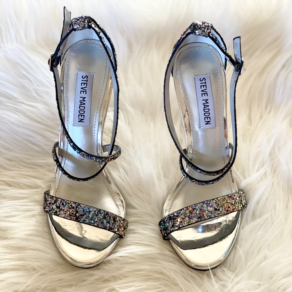 Steve Madden Silver Glitter Strap Heel - Picture 2 of 5
